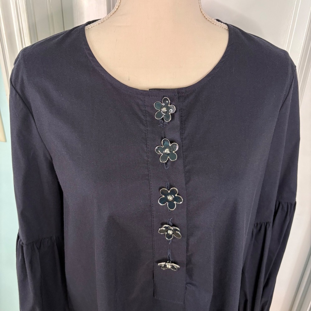 Joseph Ribkoff Navy Blue Shift Dress Flower Button Puff Sleeve size 14